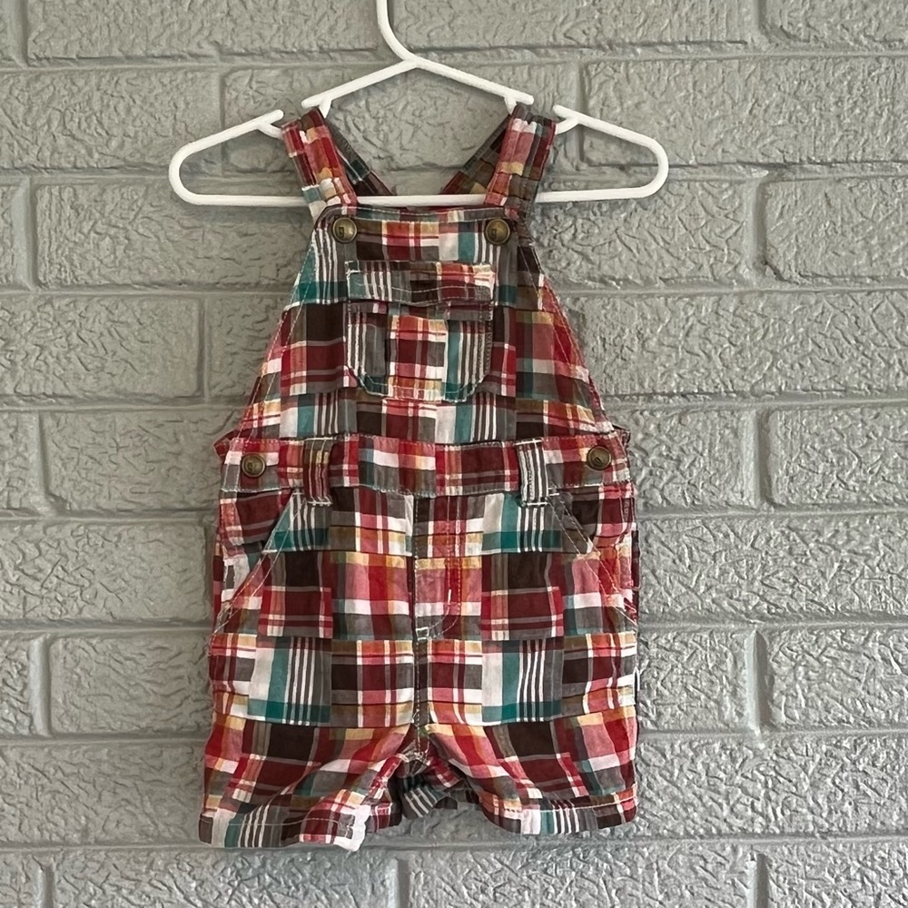 Gymboree Y2K plaid 12 month baby boy bib overalls red brown shortalls